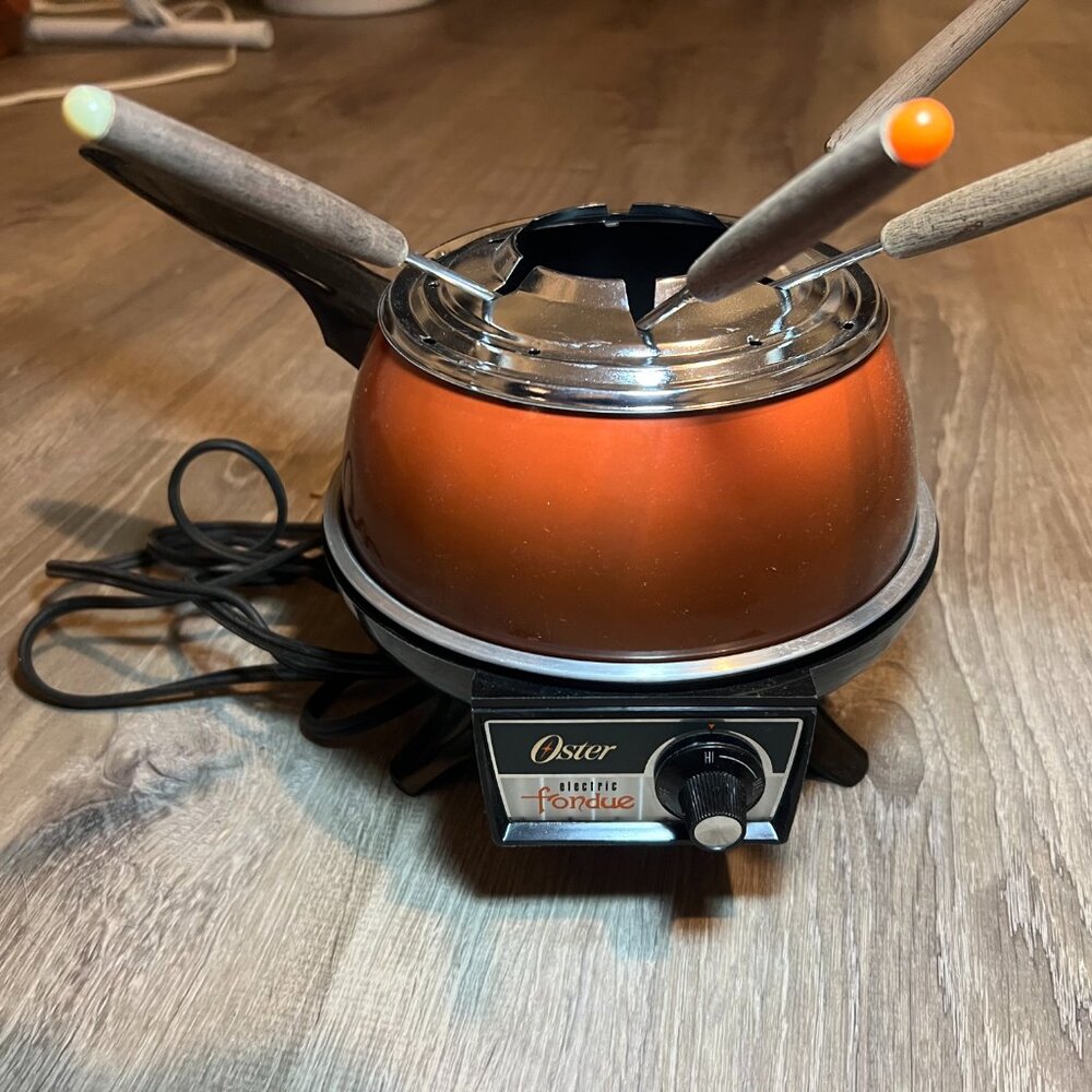 Vintage 1970s Oster Electric Fondue Pot in Burnt Orange Open Box New Never Used
